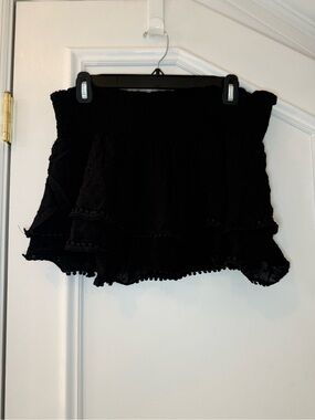 Paradise Black Smocked Ruffle Skort Hidden Shorts Pom Pom Trim L